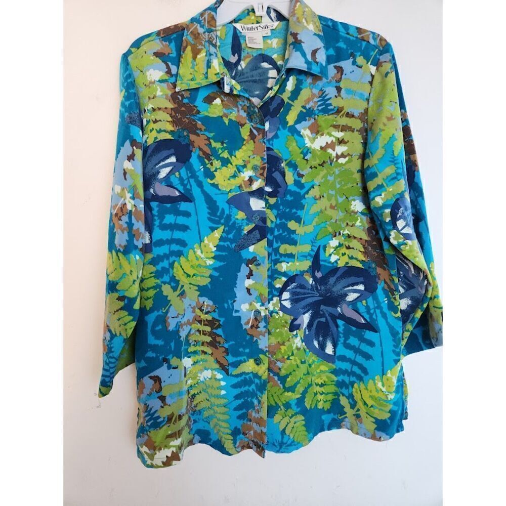 Winter Silk Teal Blue  & Green Floral Silk Spandex Button Up Blouse size Medium
